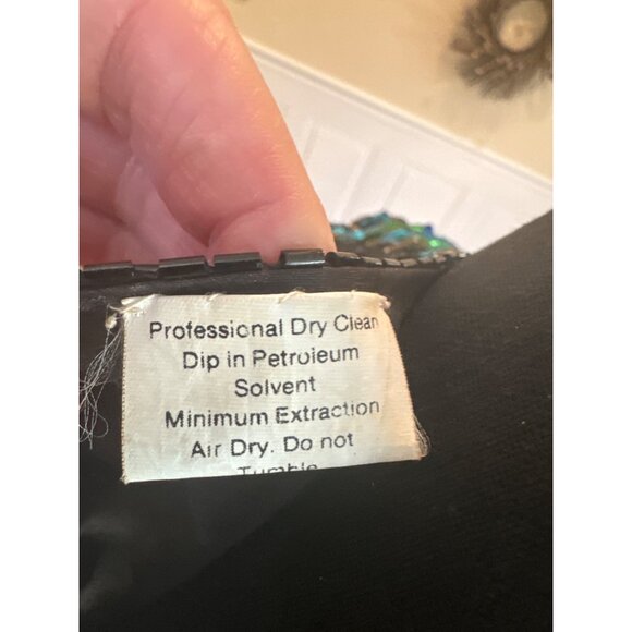 Vintage Sequin Peacock Feather Top Black Silk Blouse By Tenay Heavily Beaded - Picture 9 of 12